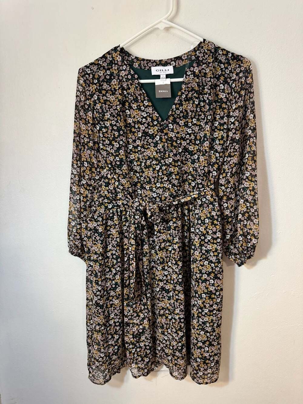 Gilli Floral Long Sleeve V-Neck Tie Waist Dress Size Small